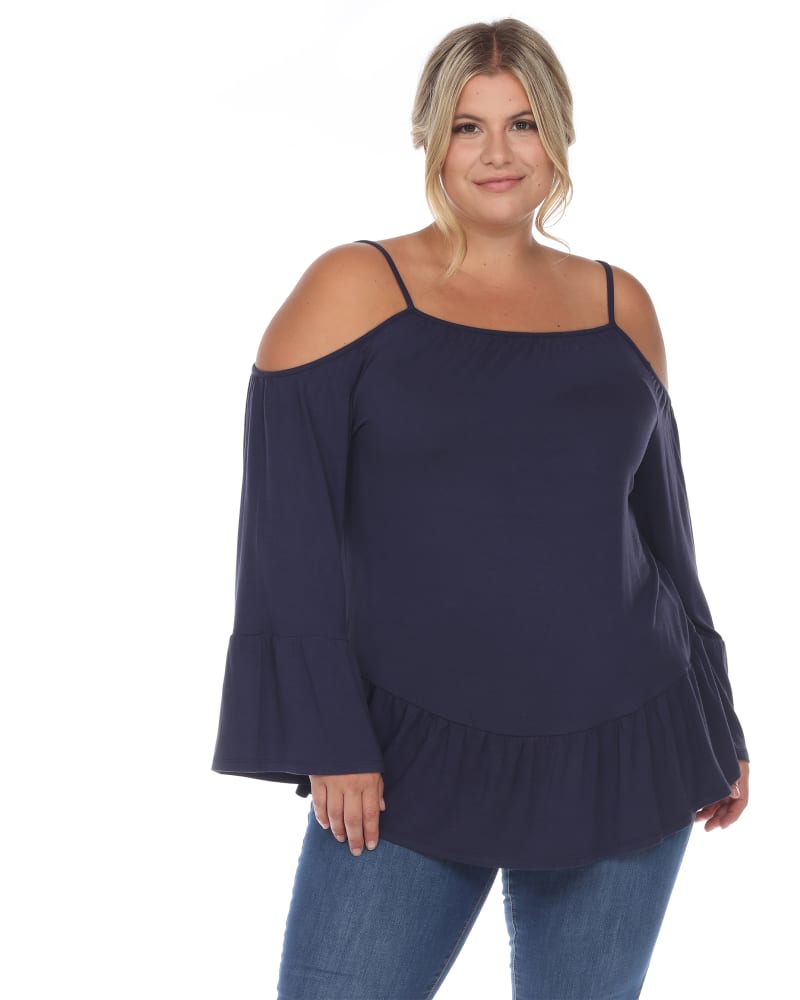 Front of a model wearing a size 1X Cold Shoulder Ruffle Sleeve Top in Navy by White Mark. | dia_product_style_image_id:257174